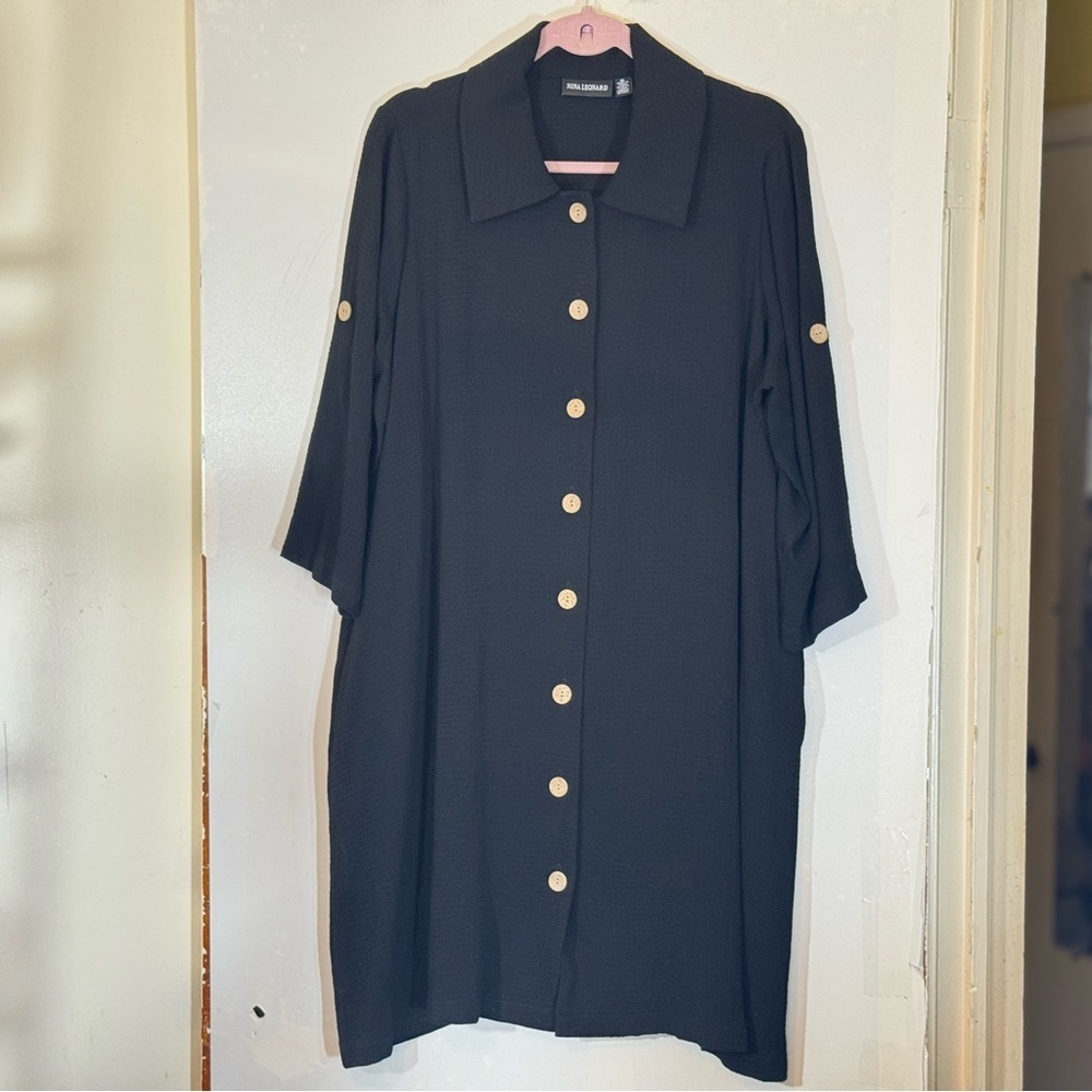 Nina Leonard Women's Black Crinkle Shift Button Shirt Dress Size XL